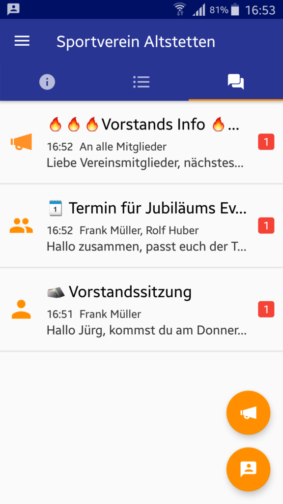 VereinsApp - Die Vereins-App / Vereins App mit Chat Nachrichten an alle Mitglieder oder eine Gruppe oder einzelne Mitglieder - Android