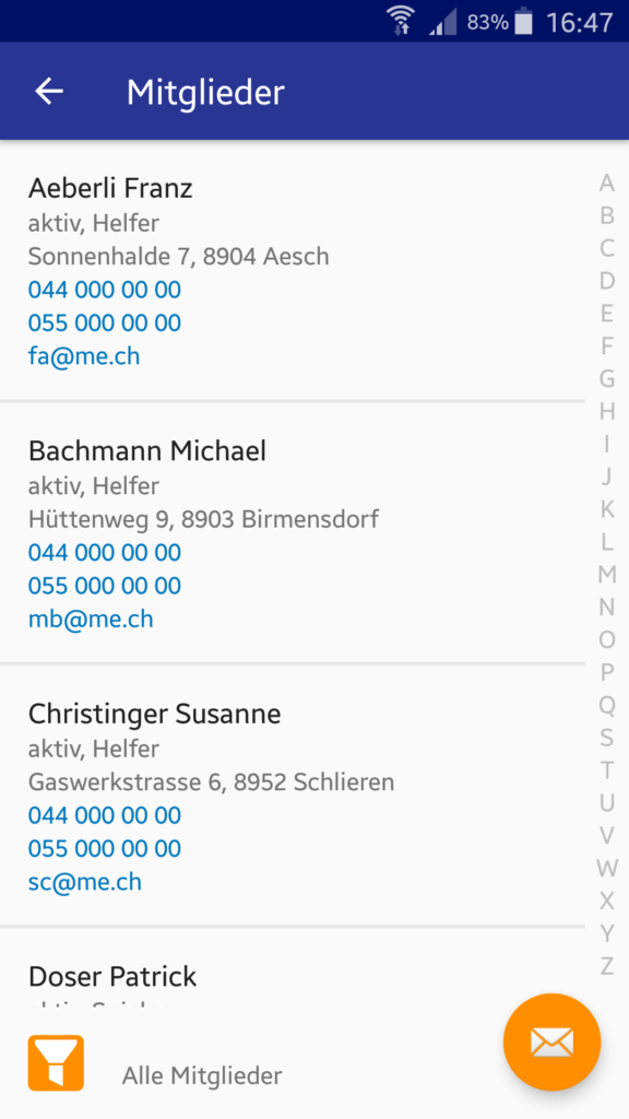 VereinsApp - Die Vereins-App / Vereins App mit Mitglieder Liste mit Anruffunktion und E-Mail Funktion - Android