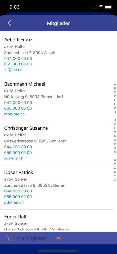 VereinsApp - Die Vereins-App / Vereins App mit Mitglieder Liste mit Anruffunktion und E-Mail Funktion - Apple