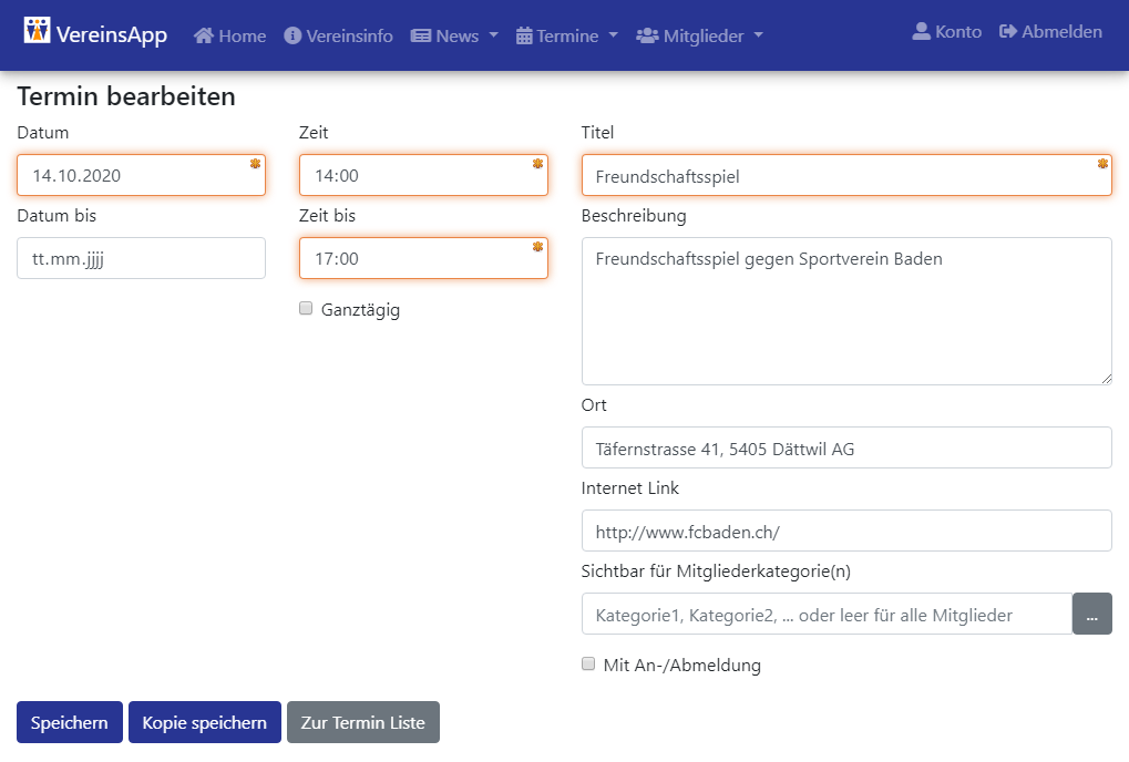 VereinsApp Online Portal Termin bearbeiten Ansicht mit Eingabefelder für Datum, Datum bis, Uhrzeit, Uhrzeit bis, Schalter für ganztägige Termine, Titel, Beschreibung, Ort, Internet Link, Schalter für An- und Abmeldungsfunktion