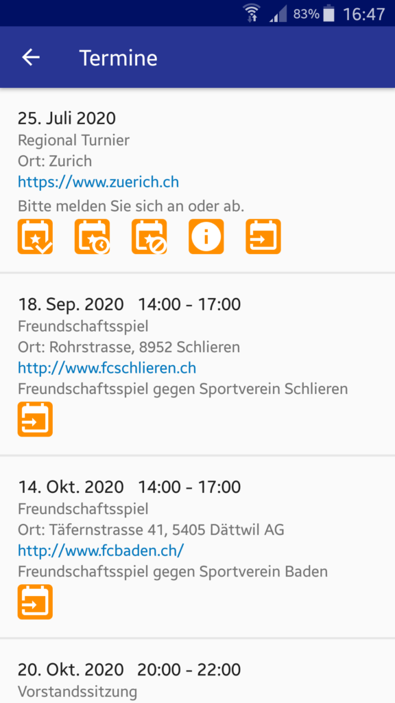 VereinsApp - Die Vereins-App / Vereins App mit Termin Liste mit Anmeldung, Abmeldung, Teilnehmer Informationen und Kalender Export - Android
