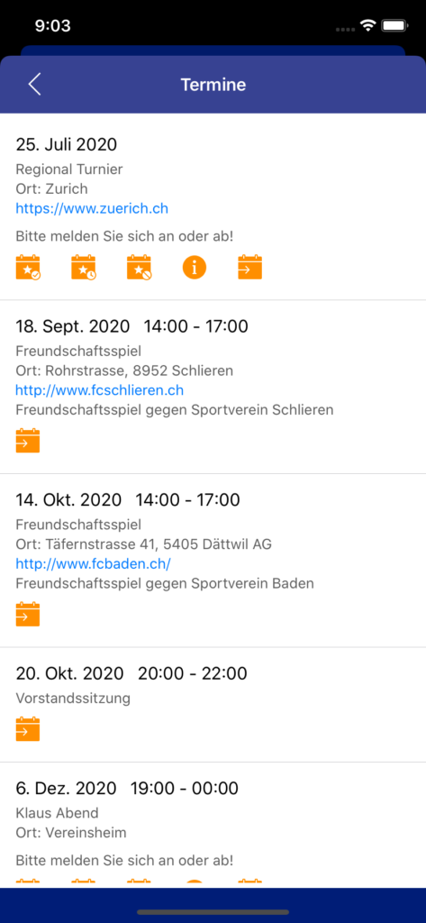 VereinsApp - Die Vereins-App / Vereins App mit Termin Liste mit Anmeldung, Abmeldung, Teilnehmer Informationen und Kalender Export - Apple