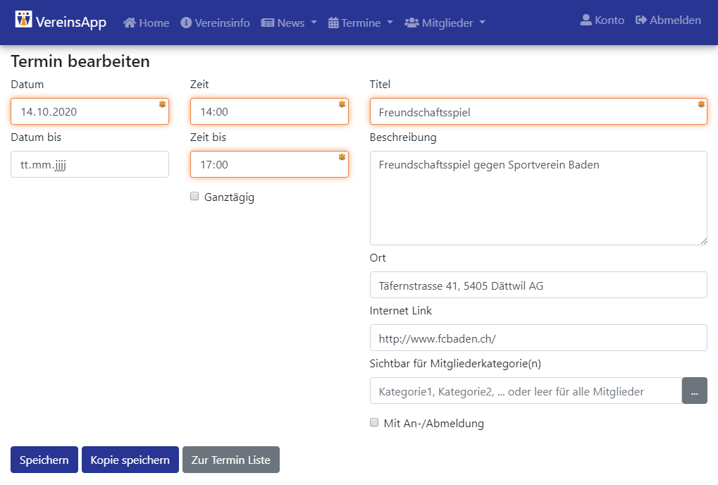 VereinsApp Online Portal Termin bearbeiten Ansicht mit Eingabefelder für Datum, Datum bis, Uhrzeit, Uhrzeit bis, Schalter für ganztägige Termine, Titel, Beschreibung, Ort, Internet Link, Mitgliederkategorie, Schalter für An- und Abmeldungsfunktion