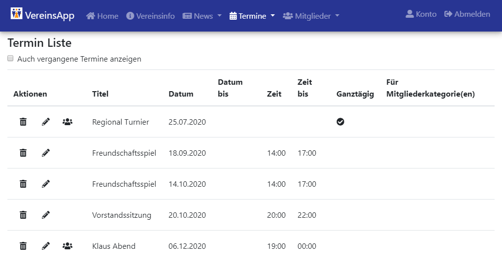 VereinsApp Online Portal Termin Liste mit Funktionen zum erfassen, bearbeiten und löschen von Terminen