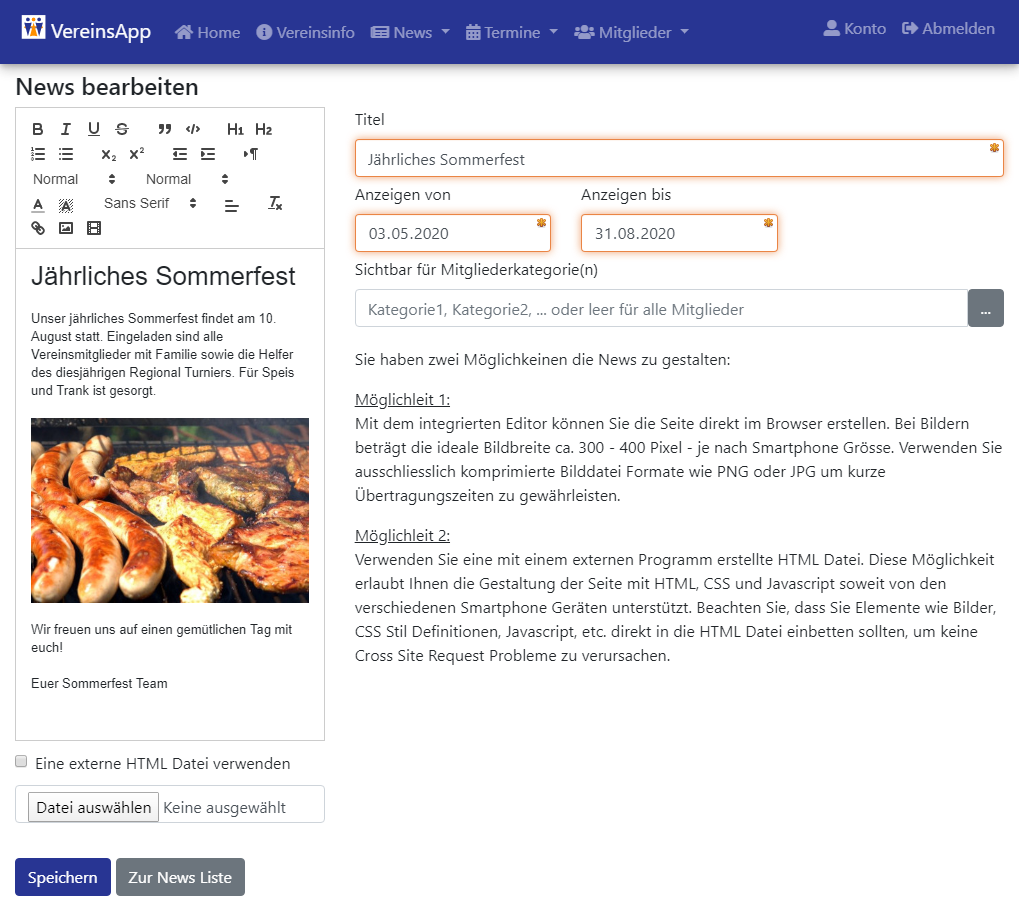VereinsApp Online Portal News bearbeiten Ansicht mit Eingabefelder für Titel, Anzeigen von Datum und Anzeigen bis Datum